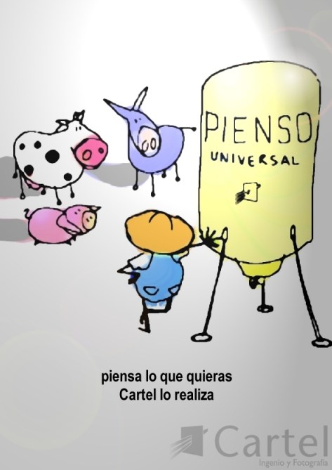 Un burro, una vaca, y un cerdo, sorprendidos ante el granjero-creativo quien les presenta su �ltima creaci�n: pienso universal hecho por Cartel.