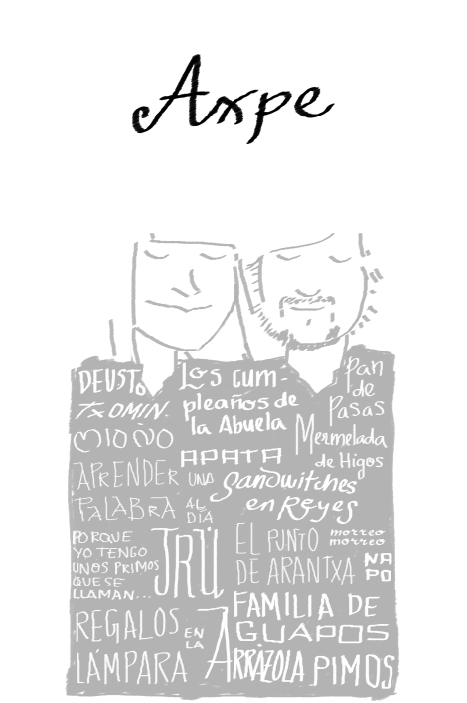 En la ilustraci�n para el centro de mesa de mi hermano y Arantza, prima Irache y Txomin, Agustina, Iciar y Bego: Deusto; Txomin; los cumplea�os de la abuela; pan de pasas; Mio�o; Apata; mermelada de higos; aprender una palabra al d�a; sandwitches en Reyes; porque yo tengo unos primos que se llaman...; Jr�; el punto de Arantza; napo; regalos en la l�mpara; familia de guapos; Arr�zola; pimos.