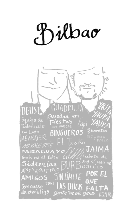 En la ilustraci�n para el centro de mesa de los amigos de la cuadrilla: Deusto; cuadrilla; yaupa yaupa yaupa; equipo de baloncesto en Le�n; Quedar en fiestas; los fuegos; Capi; Meander; Bingueros; Sivaritas; El Txoko; paz y buen rollo; no vale irse; paraguayo; quad; Jaima; tenis en el patio; cubata de 'uno s�, uno no'; burbujillo; sidrer�as; antirritmo; amigos; sin l�mite; Toki; concurso de ombligo; las chicas; gente de mi gente; pasantes; por el que falta.