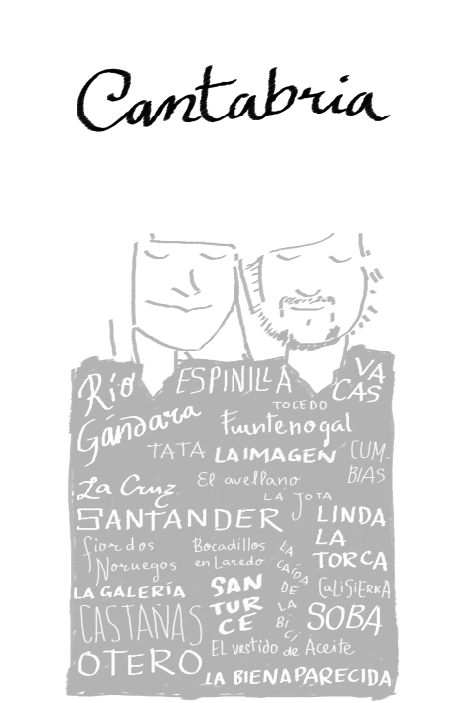 En la ilustraci�n para el centro de mesa de la familia de Cantabria: R�o G�ndara; Espinilla; vacas; Tocedo; Fuentenogal; Tata; La Imagen; cumbias; el avellano; la jota; La Cruz; Santander; linda la torca; fiordos noruegos; la galer�a; bocadillos en Laredo; la ca�da de la bici; Calisierra; Soba; casta�as; Santurce; el vestido de aceite; Otero; La Bienaparecida.