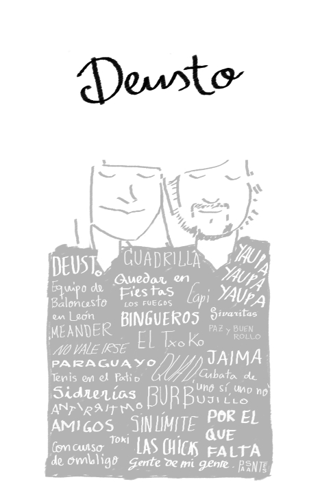 En la ilustraci�n para el centro de mesa de los amigos de la cuadrilla: Deusto; cuadrilla; yaupa yaupa yaupa; equipo de baloncesto en Le�n; Quedar en fiestas; los fuegos; Capi; Meander; Bingueros; Sivaritas; El Txoko; paz y buen rollo; no vale irse; paraguayo; quad; Jaima; tenis en el patio; cubata de 'uno s�, uno no'; burbujillo; sidrer�as; antirritmo; amigos; sin l�mite; Toki; concurso de ombligo; las chicas; gente de mi gente; pasantes; por el que falta.