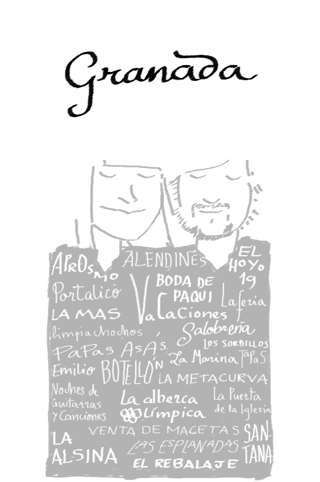 En la ilustraci�n para el centro de mesa para los amigos de Molv�zar: Aprosmo; Alendines; El hoyo 19; Portalico; boda de Paqui; vacaciones; La M�s; La Feria; limpiachochos; Salobre�a; los sordillos; papas as�s; Emilio; botell�n; la marina; tapas; la metacurva; noches de guitarras y canciones; la alberca ol�mpica; la puerta de la iglesia; venta de macetas; la alsina; las esplanadas; el rebalaje; Santana.