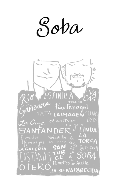 En la ilustraci�n para el centro de mesa de la familia de Cantabria: R�o G�ndara; Espinilla; vacas; Tocedo; Fuentenogal; Tata; La Imagen; cumbias; el avellano; la jota; La Cruz; Santander; linda la torca; fiordos noruegos; la galer�a; bocadillos en Laredo; la ca�da de la bici; Calisierra; Soba; casta�as; Santurce; el vestido de aceite; Otero; La Bienaparecida.