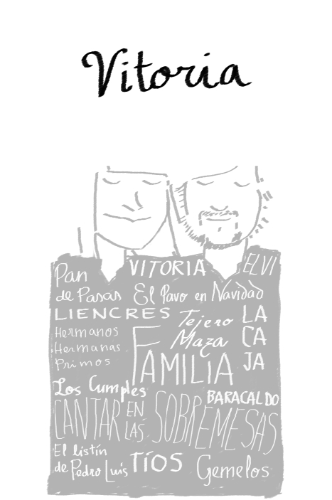 En la ilustraci�n para el centro de mesa de la familia de Vitoria: pan de pasas; Vitoria; Elvi; Liencres; el pavo en Navidad; Tejero Maza; La Caja; hermanos, hermanas, primos; Familia; Baracaldo; los cumples; cantar en las sobremesas; el list�n de Pedro Luis; T�os; gemelos.