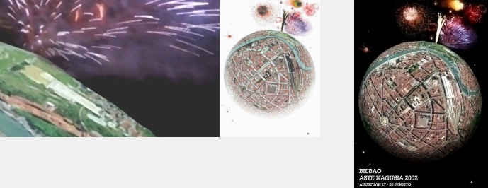 Un planeta Bilbao. La demostraci�n del tan publicitado mapamundi de Bilbao, del que salen los furgos artificiales que anuncian la fiesta a toda la galaxia.