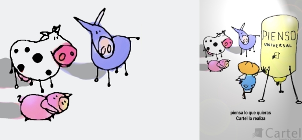 Un burro, una vaca, y un cerdo, sorprendidos: el granjero creativo les presenta su �ltima creaci�n: pienso universal, hecho por Cartel.