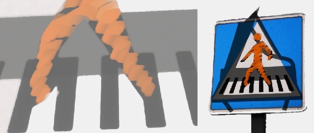 La se�al de un paso de cebra convertida en una se�al donde un hombre de color naranja camina sobre el teclado de un piano.