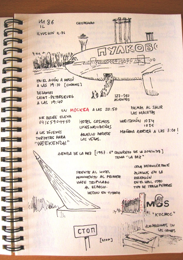 Dibujo del avi�n que se ve�a desde la ventanilla de nuestro avi�n, dibujo del cohete monumento al primer viaje tripulado al espacio, y del hotel cosmos en el que nos alojamos.