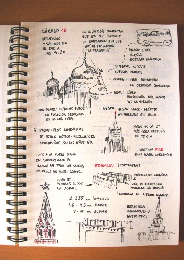 C�pulas de mosc� en colores azul significan el cielo el manto de la virgen, doradas: que la fe ortodoxa es la m�s pura, y negras: que hay enterrado alg�n santo o m�rtir; tambi�n dibujo una torre de uno de los rascacielos de estilo g�tico-estalinista; y detalles del kremlin.