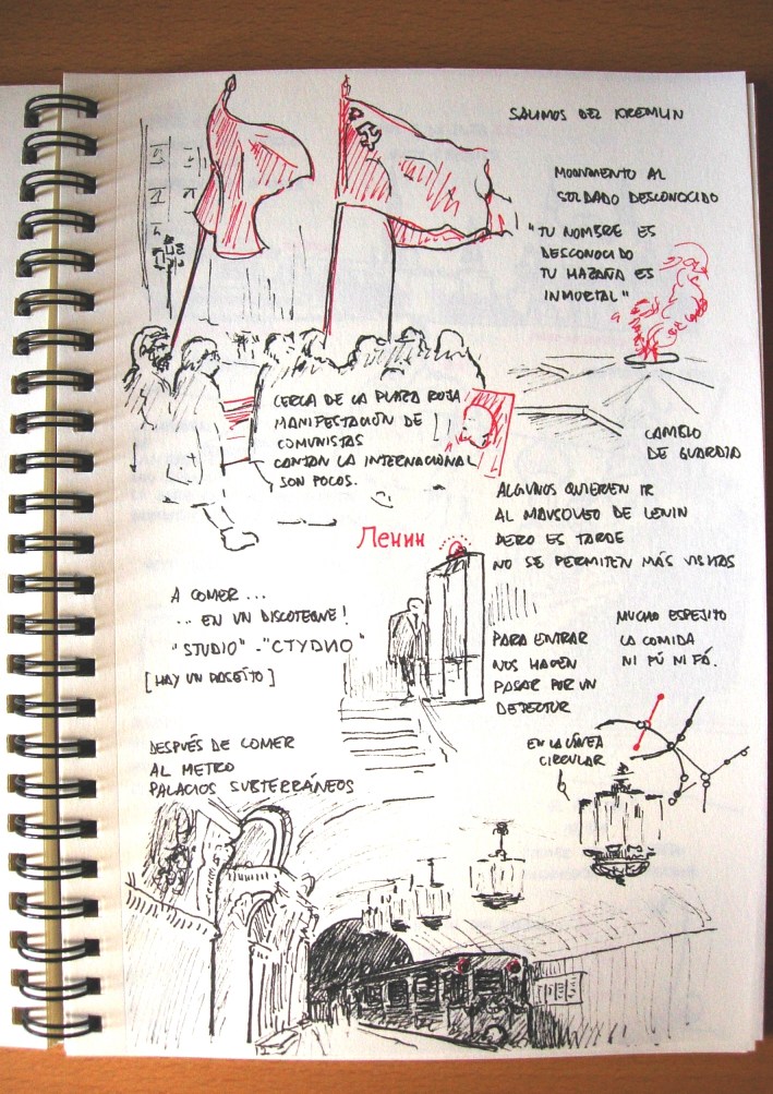 Dibujo de un grupo de manifestantes comunistas, la estrella que recuerda al soldado desconocido bajo el lema "tu nombre es desconocido, tu haza�a inmortal"; comida en un restaurante con gurdaespaldas y detectores de metales... por si robamos la cuverter�a; y detalle de una de las paradas de metro, en la l�nea circular, que son chul�simas.