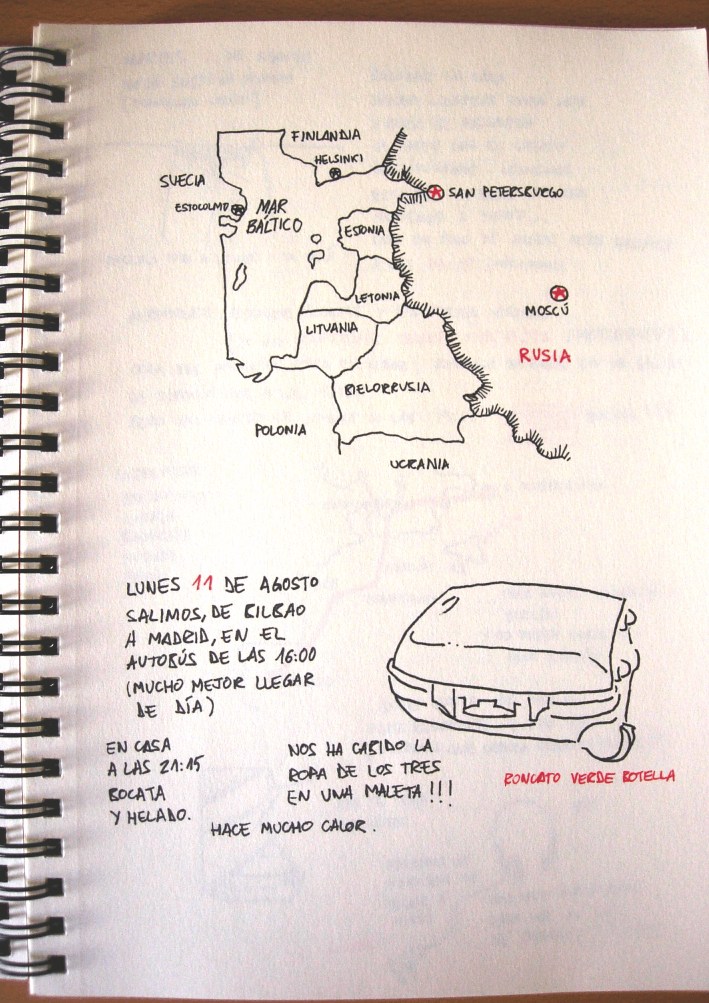 Mapa de Europa del Este, con las dos principales ciudades de destino se�aladas: San Petersburgo y Mosc�; y la maleta en la que llev�bamos la ropa de los tres.