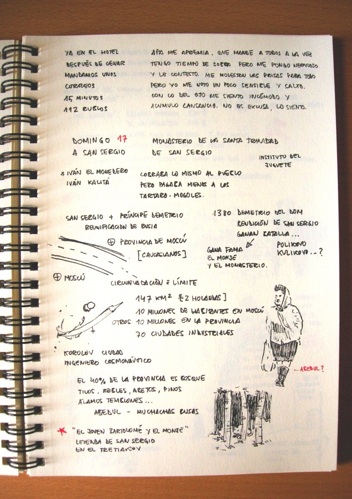 Anotaciones sobre la historia de san sergio quien, junto con el pr�ncipe demetrio, reunific� rusia; dibujo de unos troncos de abedules de los bosques junto a la carretera; los abedules simbolizan a la muchachas rusas; y un dibujo de una mujer mayor con una bolsa en la mano y un pa�uelo al cuello, de la que poco queda de abedul.
