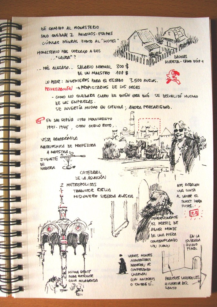 Dibujo de dos dachas, dos casas de campo t�picas rusas ; dibujo con mi madre frente a los edificios del monasterio que se ven al fondo; dibujos de monjes; y dibujo de la fuente cubierta donde bebimos agua milagrosa.