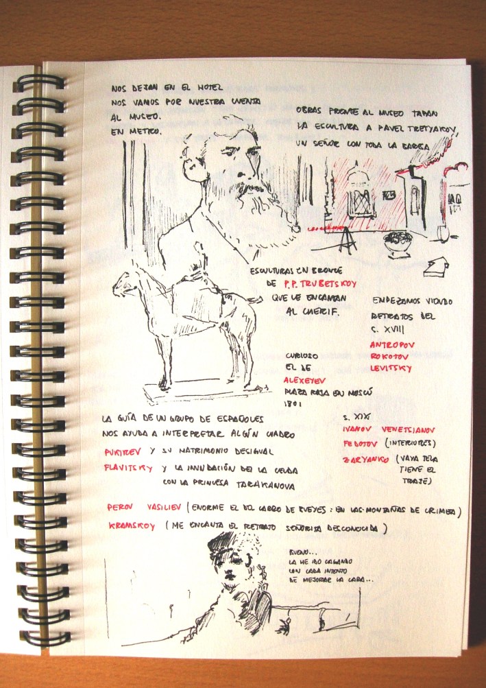 Dibujos de la galer�a tretyakov, dedicada al arte ruso por pavel tretyakov, un tipo con una barba largu�sima, con pinturas y esculturas preciosas; dibujo de la entrada al edificio, del retrato de pavel tretyakov, de una escultura ecuestre de trubetskoy, y de un cuadro titulado se�orita desconocida, obra de kramskoy, de una mujer elegantemente vestida sentada en un carruaje.