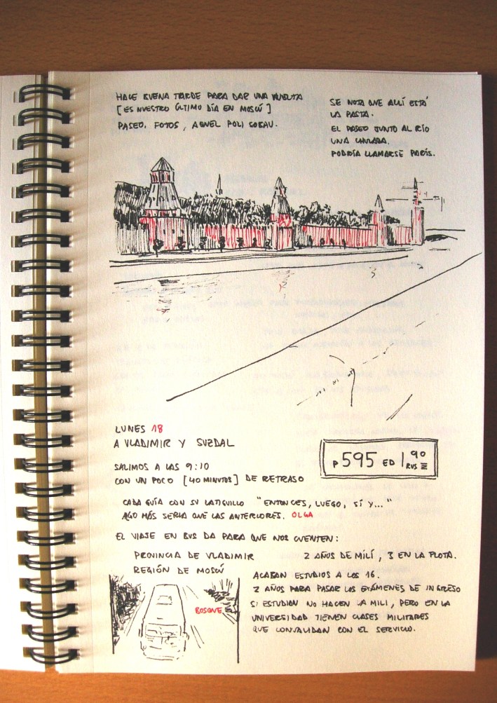 Dibujo del kremlin desde el otro lado del r�o, notas sobre un polic�a que encontramos dormido en una garita, sobre lo bonita que es la ciudad, y sobre la salida del d�a siguiente hacia Vladimir y Suzdal.