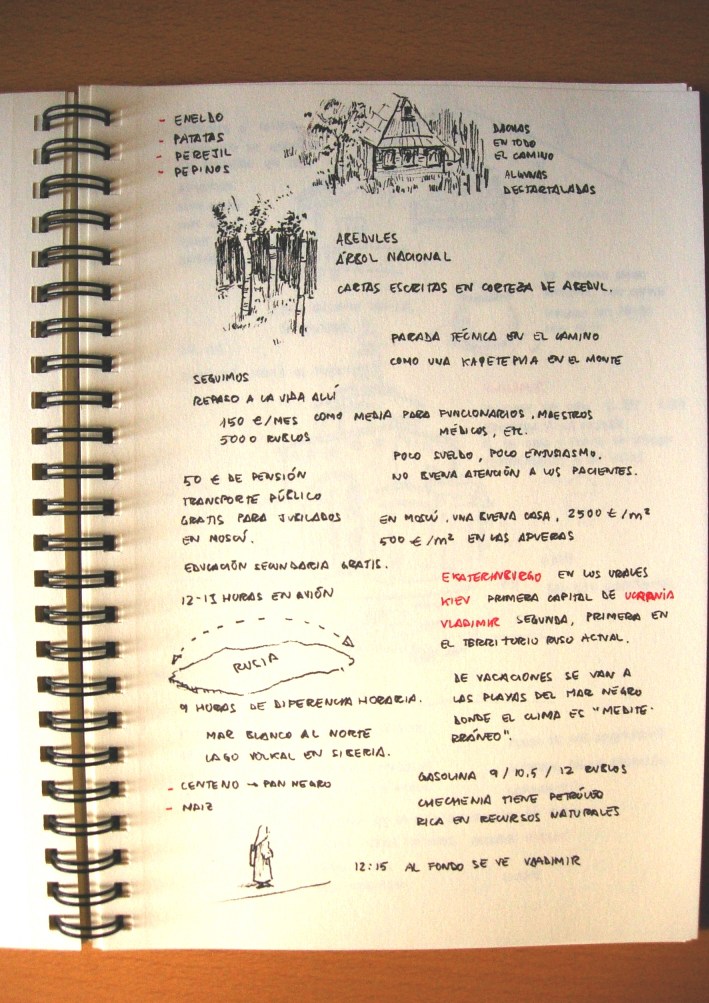 Dibujillos durante el camino del autob�s: de una dacha y unos abedules del camino, y una viejilla esperando a un autob�s; el resto son notas sobre los productos de la zona, (como el eneldo, las patatas, el prejil, o los pepinos), sobre el abedul, -que es �rbol nacional-, sobre las nueve horas de diferencia horaria que hay en etre un extremo y otro del territorio ruso, sobre el petr�leo en tierras chechenas, y otras curiosidades y costumbres.