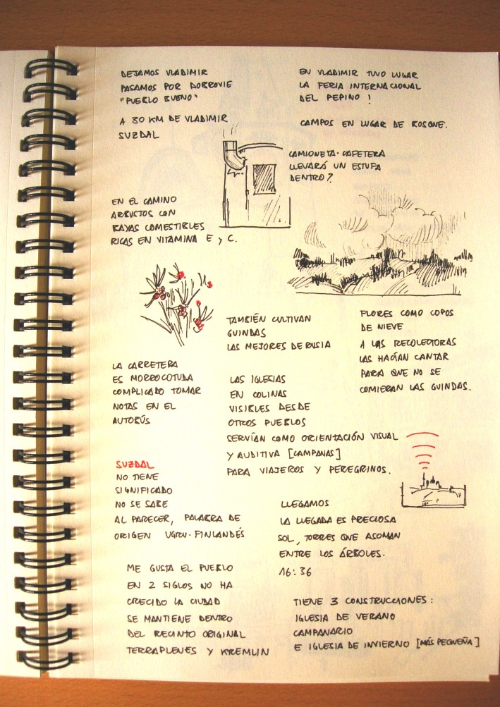 Notas sobre el camino, sobre guindas que recog�as las recolectoras, a quienes hac�an cantar para que no se las comieran; y algunos dibujillos de arbustos del campo, iglesias que se ven para orientar, y una camioneta on el tubo de escape asomando como una cafetera.
