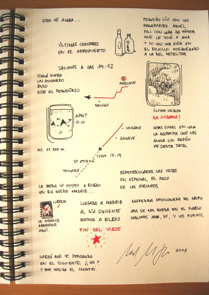 Dibujillos de las botellas de vodka que compramos en el aeropuerto, y de las vistas desde la ventanilla del avi�n de regreso a madrid; despu�s, autob�s a bilbao.