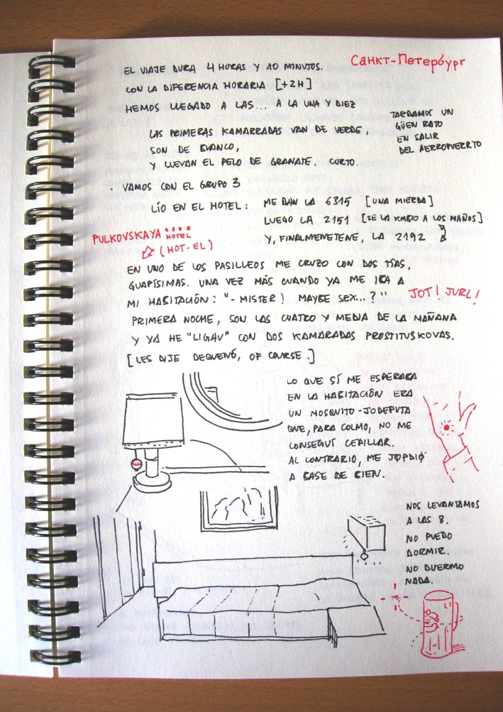 Sobre la llegada a San Petersburgo, al hotel, sobre las putas que hab�a en el pasillo, dibujo de mi habitaci�n, del mosquito que me rond� y de la picadura que me dej�.