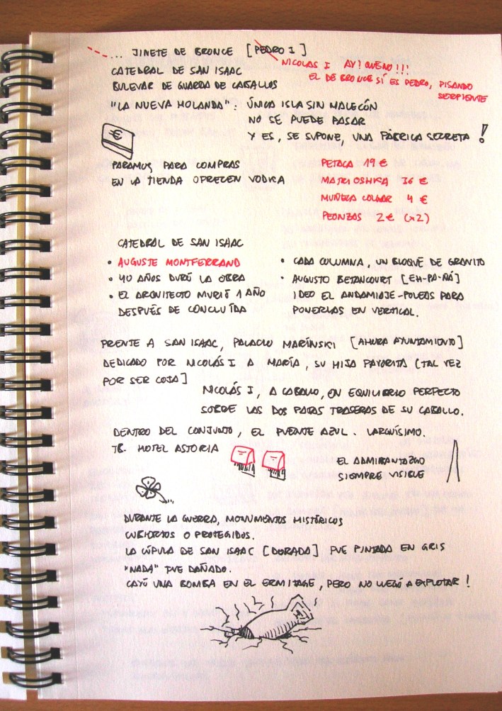 Lista de las primeras compras tur�siticas, y m�s notas sobre monumentos: sobre la espectacular catedral de san isaac, el palacio marinski, el puente azul, el almirantazgo, y dibujo imaginario de la bomba que no explot� en el museo ermitage.