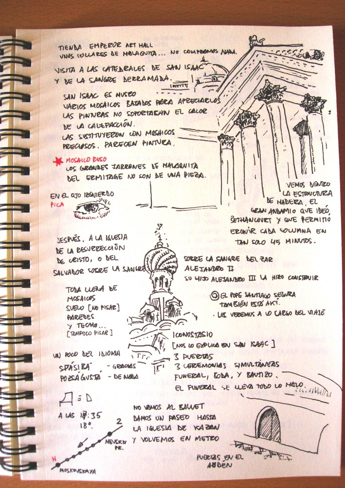 Dibujo de la columnata de la catedral de san isaac, donde cada gigantesca columna es de una pieza y fueron elevadas gracias a un ingenio del espa�ol bethancourt; y dibujos de las c�pulas de la preciosa iglesia de la resurrecci�n de cristo, tambi�n llamada del salvador sobre la sangre derramada, constru�da sobre el lugar en el que fue asesinado el zar alejandro segundo.