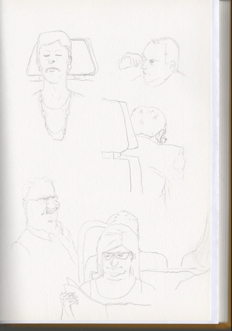 Dibujos de una se�ora elegante durmiendo durante el viaje ma�anero, un hombre somnoliento, un se�or trajeado de espaldas, un hombre de bigote, y una se�ora que lee el peri�dico dirante el viaje en metro.
