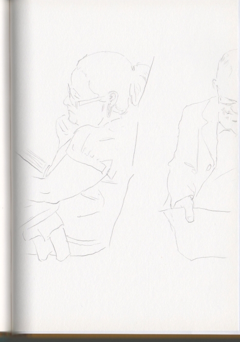 Dibujo de una mujer leyendo un libro mientras, a su lado, un hombre lee sus peri�dicos gratuitos.