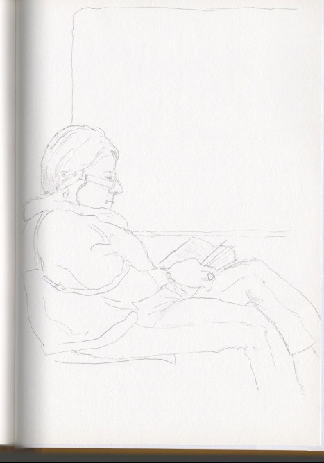 Dibujo de una se�ora leyendo su libro de vuelta a casa.