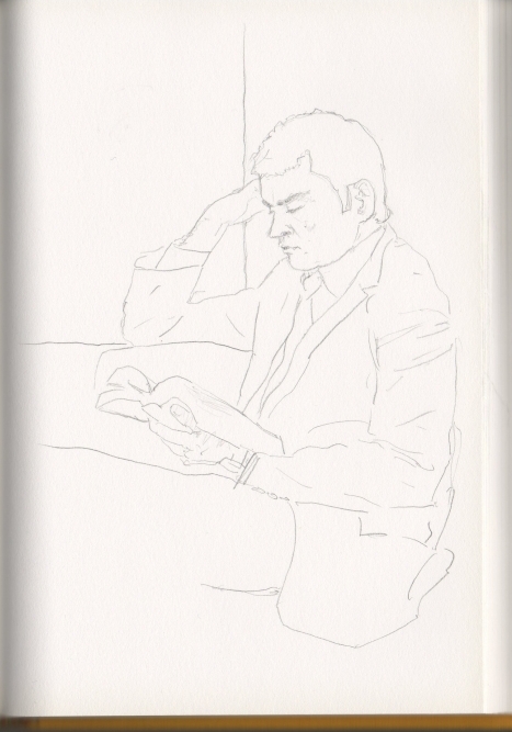 Dibujo de un hombre trajeado que vuelve a Santurce queriendo leer su libro, pero rendido por el sue�o.
