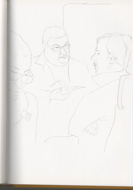 Dibujo de tres personas ajenas que  comparten viaje en tren.