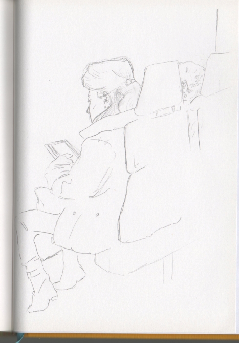 Dibujo de una mujer leyendo un libro electr�nico mientras el tren la lleva a Bilbao.