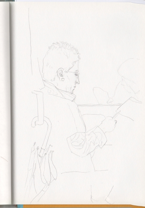 Dibujo de mujer de pelo corto que lee una revista mientras el tren de la ma�ana la lleva hacia su trabajo.