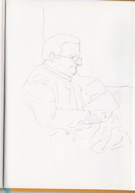 Dibujo de hombre leyendo un libro en el tren que le acerca a su casa.