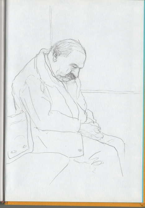 Dibujo de un hombre maduro que duerme en el tren de la ma�ana que le lleva de Santurce a Bilbao.
