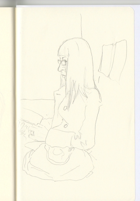 Dibujo de una mujer con peinado de flequillo leyendo un libro en el tren de las ocho y media de la ma�ana.