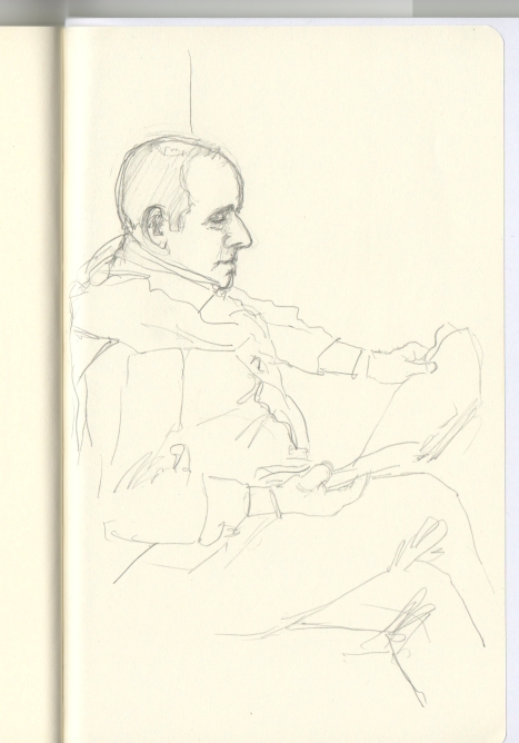 Dibujo de un hombre que lee el peri�dico en el tren, con las piernas cruzadas, y un jersey sobre sus hombros.