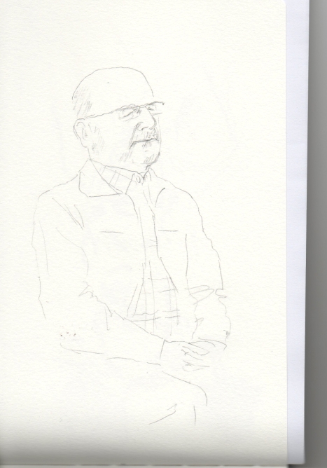 Dibujo de un hombre de cabello y barba muy cortos y blancos, que duerme sentado, pero con la espalda muy erguida, en el tren de la ma�ana.