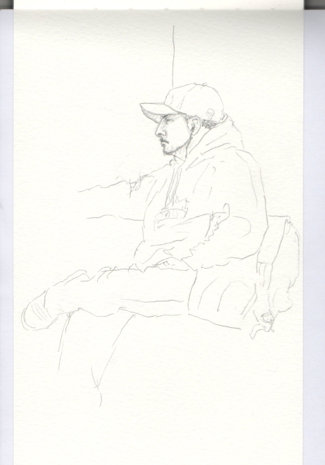 Dibujo a l�piz de un tipo con gorra, auriculares, ropa de hip-hop, junto a su mochila, en el tren de la ma�ana.