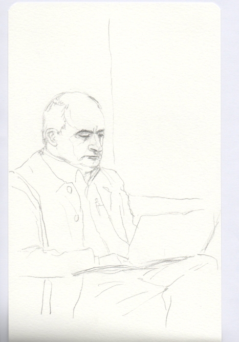 Dibujo a l�piz de un hombre calvo, nariz afilada, y boca ancha y fina leyendo un peri�dico gratuito en el tren de cercan�as de Bilbao a Santurce.