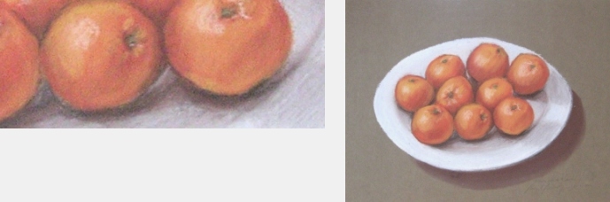 Dibujadas al pastel, nueve mandarinas en un plato blanco.