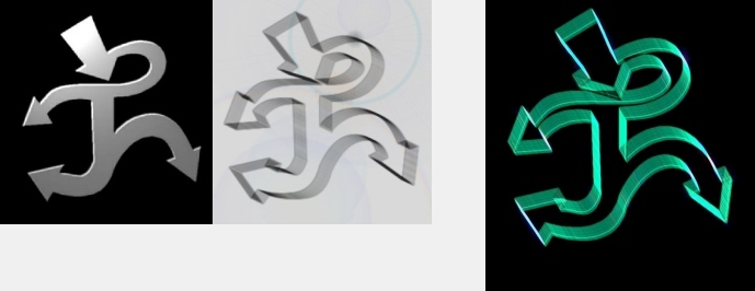 Tres variaciones de un logotipo para un buscador en Internet, un monigote que es todo flechas.