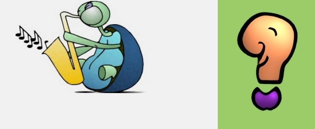 Dos ilustraciones vectoriales: una tortuga que vac�a los pulmones haciendo sonar un saxof�n, y un interrogante satisfecho, una especie de pregunt�n que se sabe todas las respuestas.