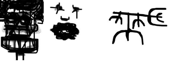 Tres ilustraciones en negro sobre blanco: dos caras de payasos, uno tonto y el otro listo; y un depredador en estilo tribal, todo tenedores.