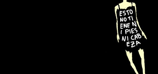 Una imagen que encuadra el vestido que viste una delgada mujer de quien no vemos ni su cabeza ni su pi�s; en su vestido aparece escrito a modo de pintada en una pared 'esto no tiene ni pi�s ni cabeza'.