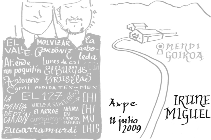 Ilustraciones para la cubierta del librillo del men�. En la parte frontal, el restaurante; en la parte trasera, nosotros unidos por las palabras que dedicamos a cada grupo de invitados.