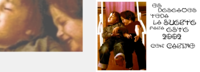 Postal navide�a que incluye una foto de Jose F�lix e Irache diverti�ndose de cr�os en una silla de playa.